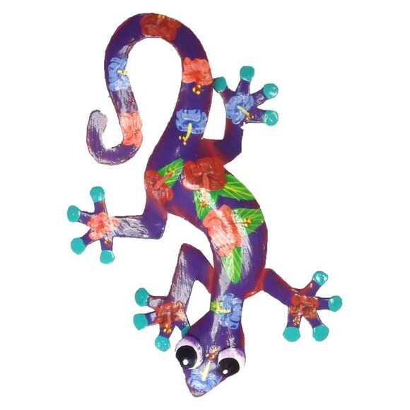 Tropical Hibiscus Purple Gecko Lizard Haitian Metal Art Medium - Picture 2 of 6